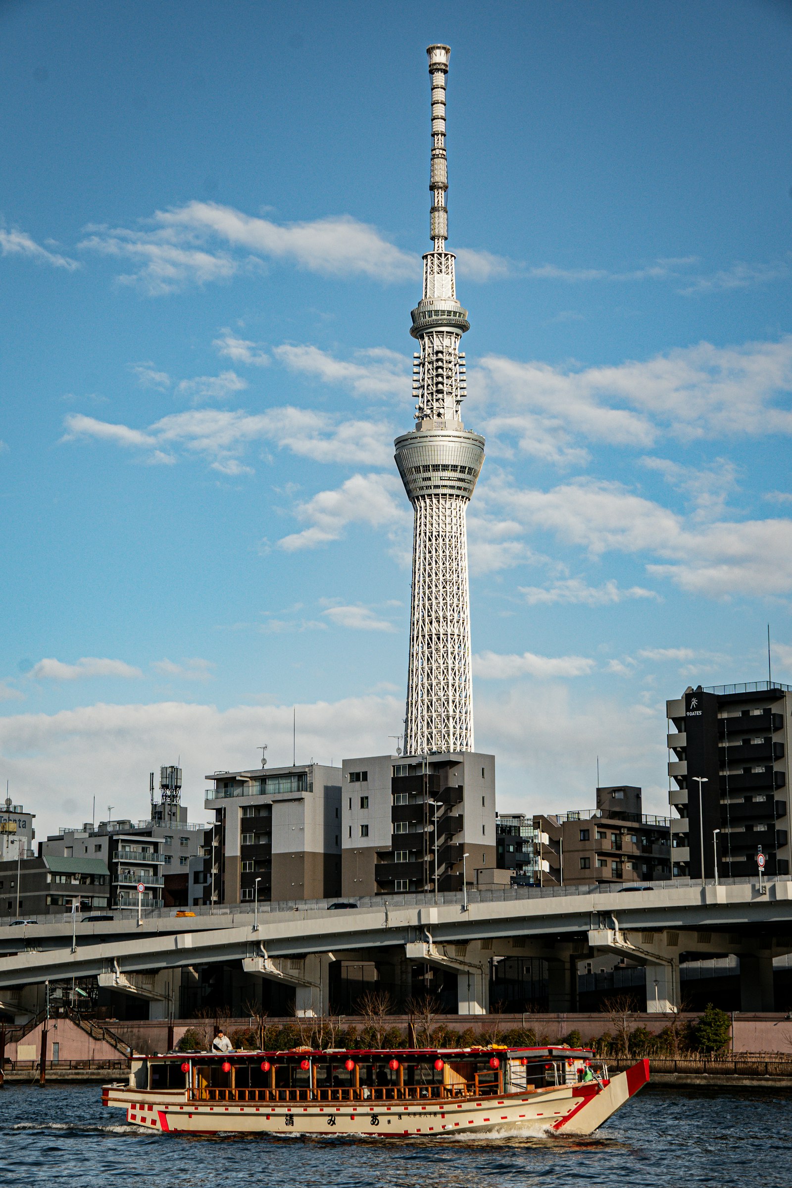 隅田川を行く屋形船と東京スカイツリー